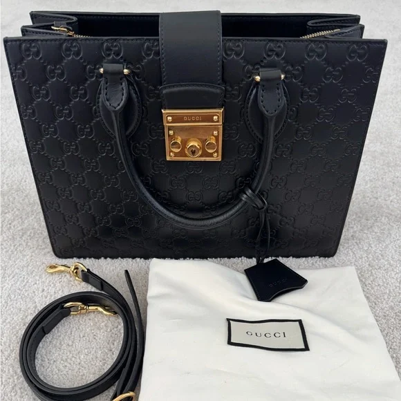 Gucci Black Embossed Leather Satchel with Gold Hardware - Picture 15 of 15